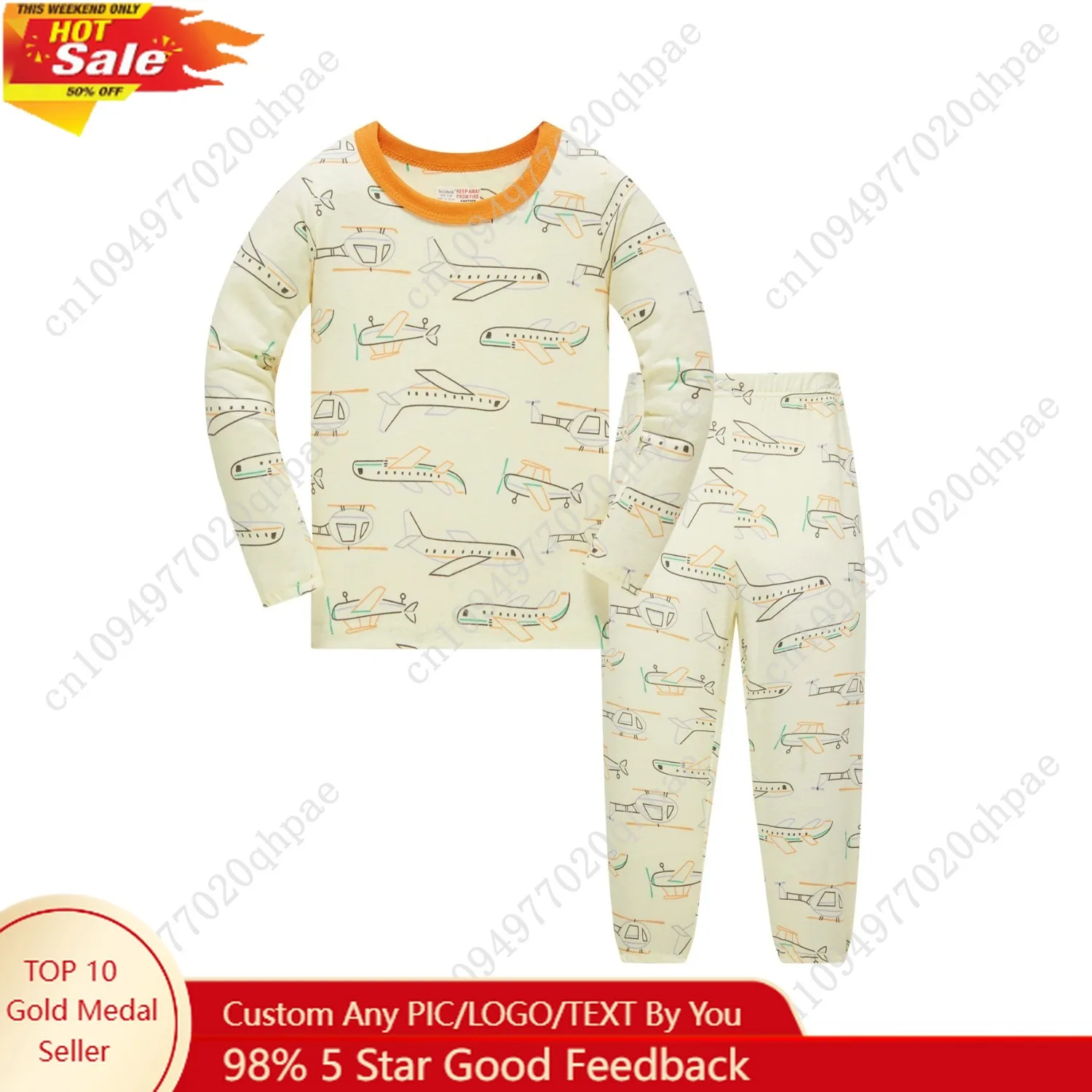 

Children's 100% cotton sleepwear set with full printed cartoon airplane long sleeved long pajamas for children aged 1-8 2ps