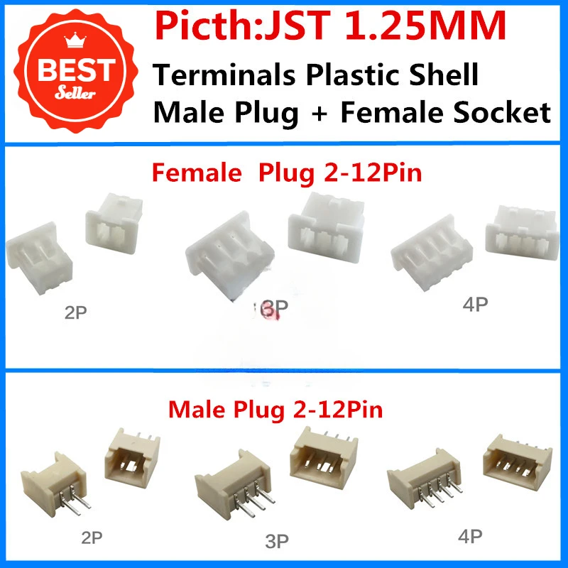 100Pcs JST 1.25 2/3/4/5/6/7-12 Pin Terminals Plastic Shell Male Plug + Female Socket Wire Connector Picth 1.25MM 2P 3P 4P 5P