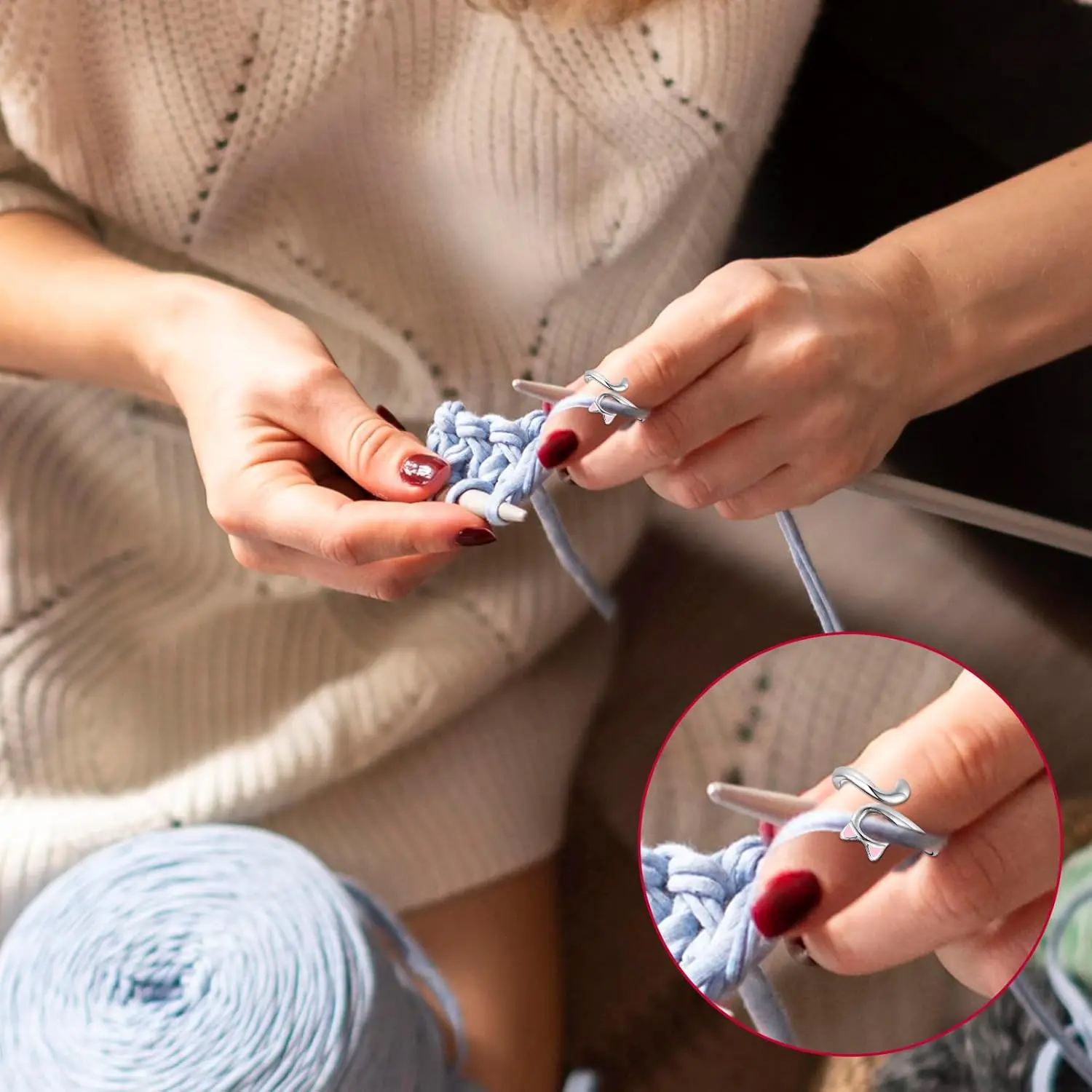 Stricken Häkelnadel Ring 1/2 Stück verstellbare Häkelspannung Katzenring AnfängerGarnführung Fingerhalter Fingerhüte Wickler Werkzeuge – Detail 12
