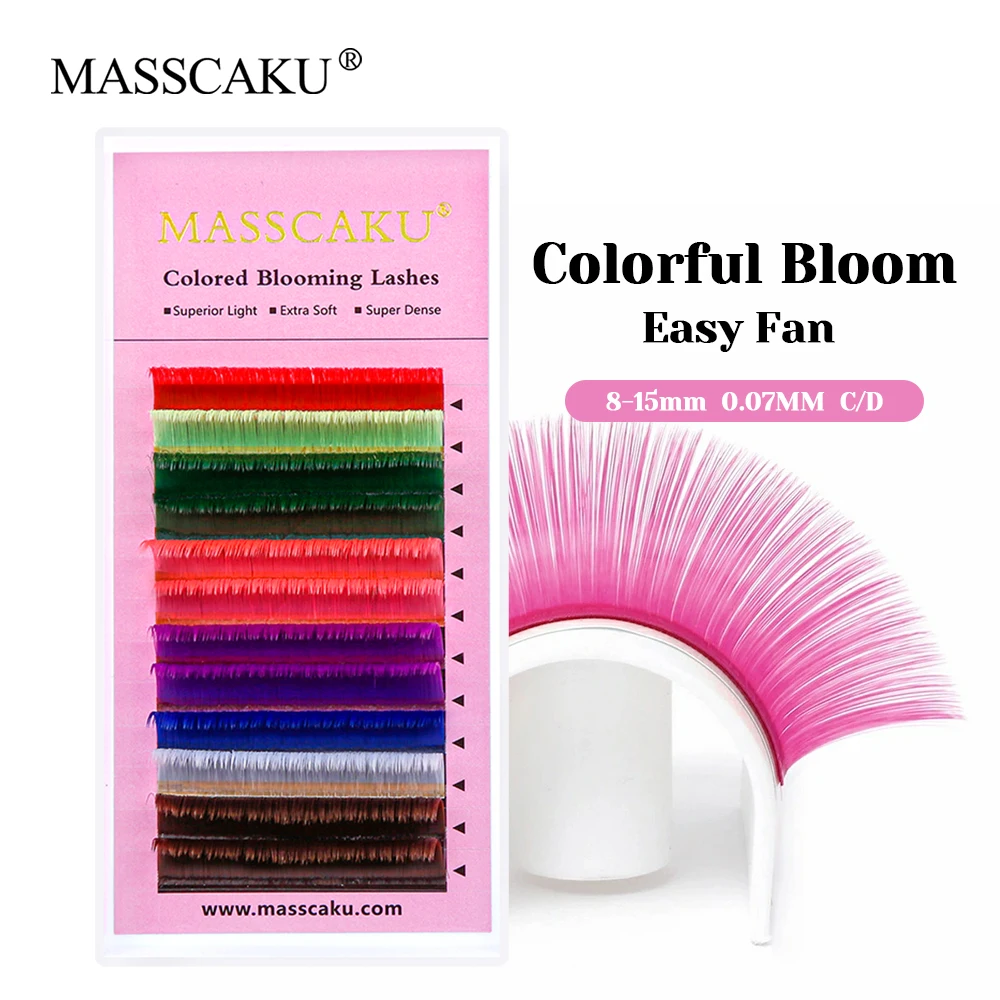 

Customized Private Logo Long-lasting Rainbow Color Fanning Eyelash Synthetic Hair Colored Camellia Blooming Lashes by MASSCAKU