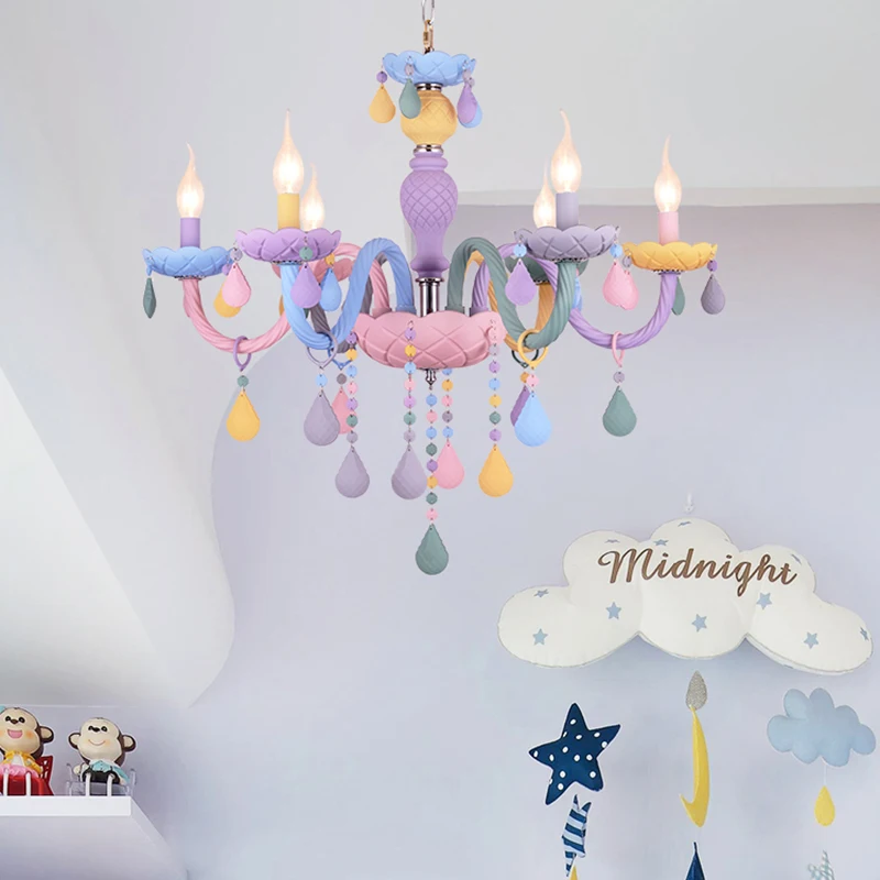 Imagem -02 - Macaron Moderno Colorido Candelabro de Cristal Arco-íris Vela Lustres Americano Menina Princesa Crianças Quarto Luminária Luminárias