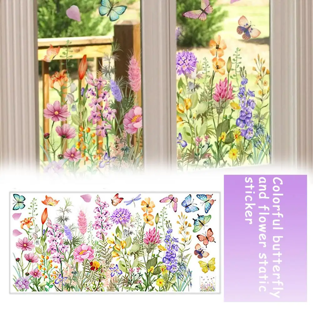 Bunte Schmetterlingsblumen, statische Aufkleber, Wildblumen-Fensteraufkleber, wasserdichte PVC-Aufkleber für Heimdekoration, Wandaufkleber
