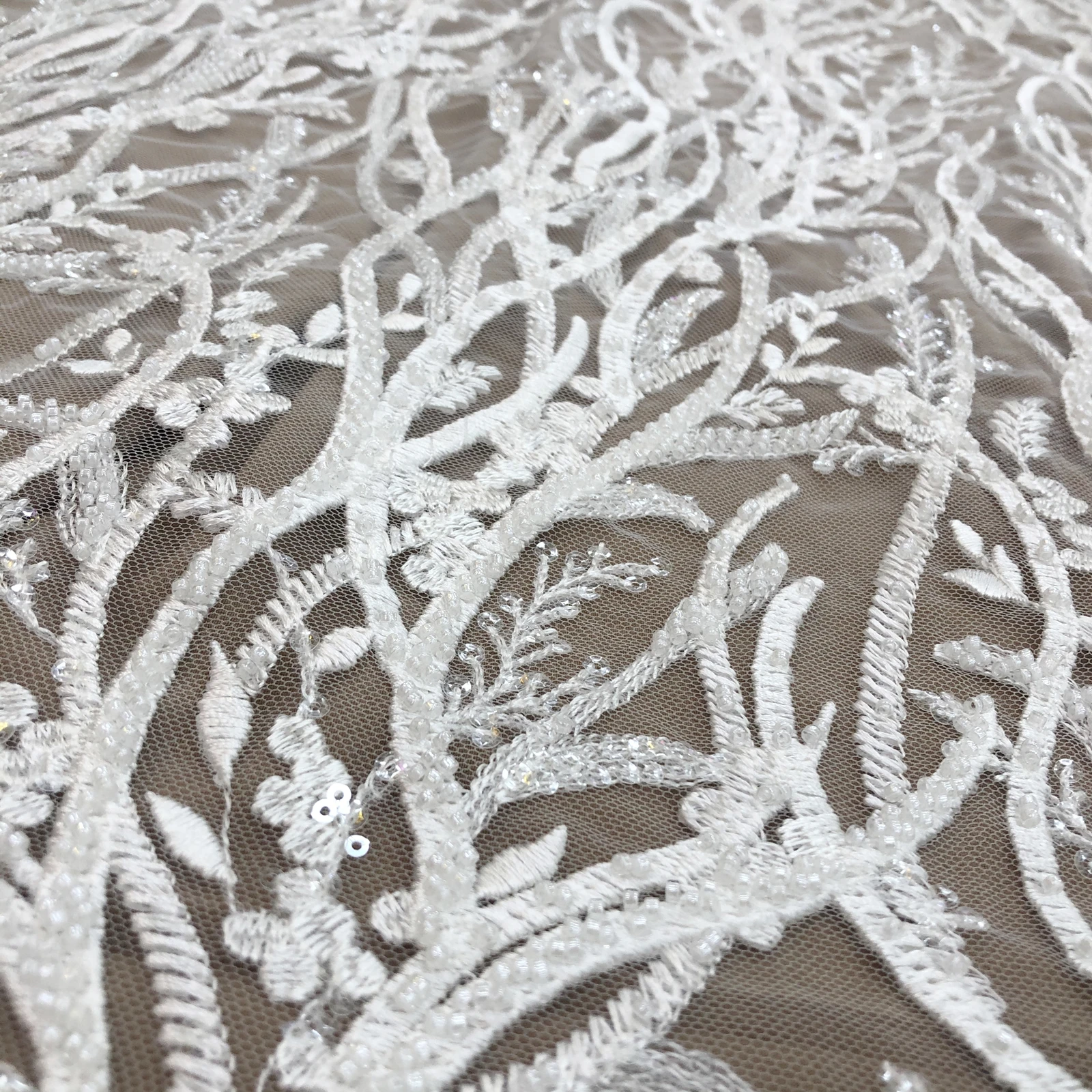 Ivory White Lace Fabric Eco-friendly Rayon Sequins Beads Embroidery Wedding Dress Evening Dress Fashion Clothing Fabrics