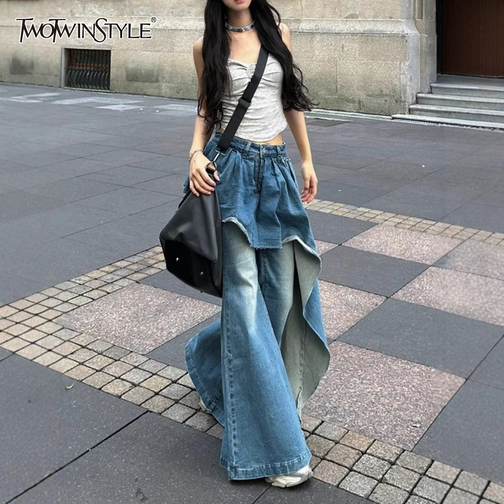 

TWOTWINSTYLE Blue Chubby Hot Girl Spliced Irregular Women's Jeans Hight Waist Fake Two Piece Flared Pants Female Summer Style