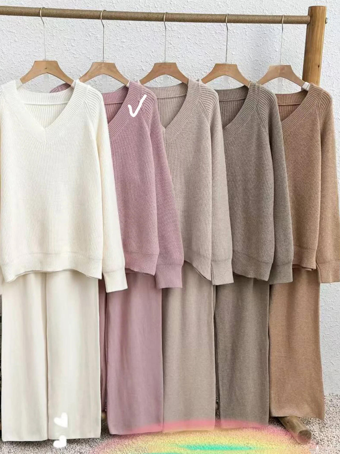 Two Pieces Women Pant Set Knitted Matching Set Jumper Sweater V Neck Pullover Top Wide Leg Pant Loose Elegant Casual 2025 Autumn