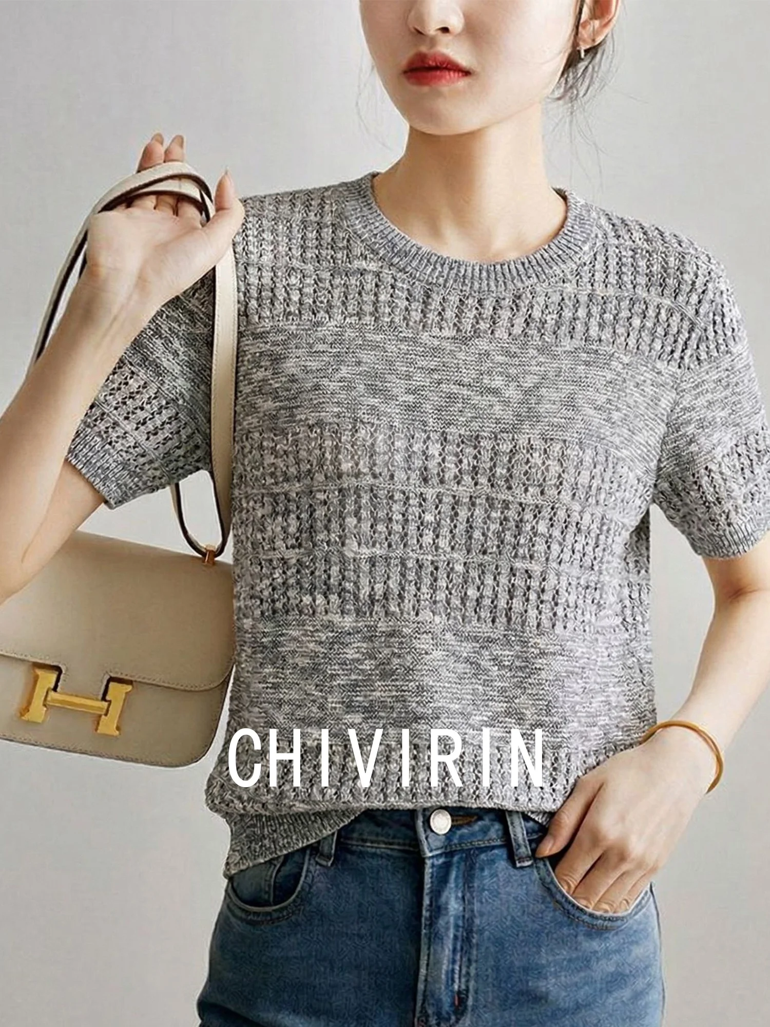 

Chivirin Linen Knitwear round Neck Short Sleeve Women's T-shirt Summer Versatile Age-defying Top Minimalist Style Casual Fit