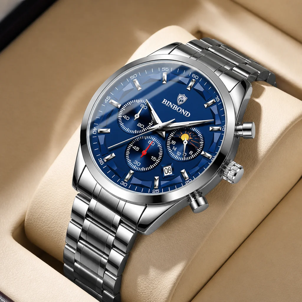 

1pc Men's Stainless Steel Strap Watch Blue Dial Chronograph Sun Moon Display Date Fashion Trendy Stylish Wristwatch