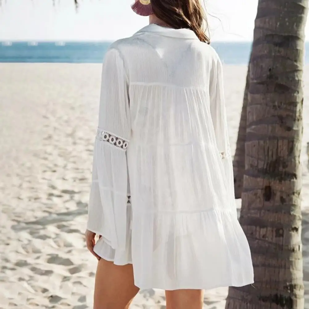 เสื้อคลุมชายหาดสำหรับผู้หญิง แขนยาวทรงบาน ดีไซน์เว้าลายฉลุ ความยาวปานกลาง ใช้คลุมชุดว่ายน้ำ