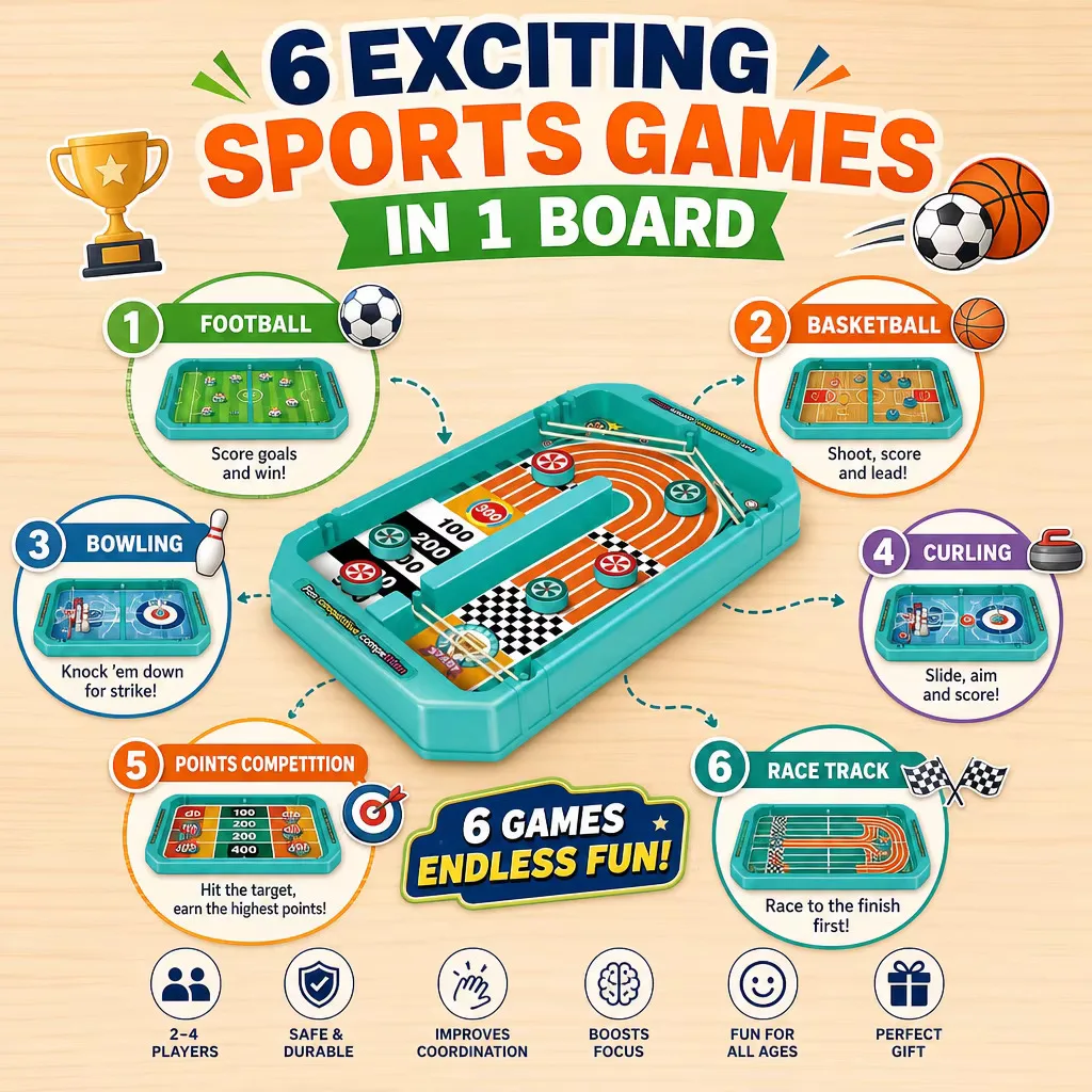 6-in-1 Tabletop Sports Board Game Set - Slingshot Curling Bowling Football Basketball - Desktop Game Toy for Kids Gift