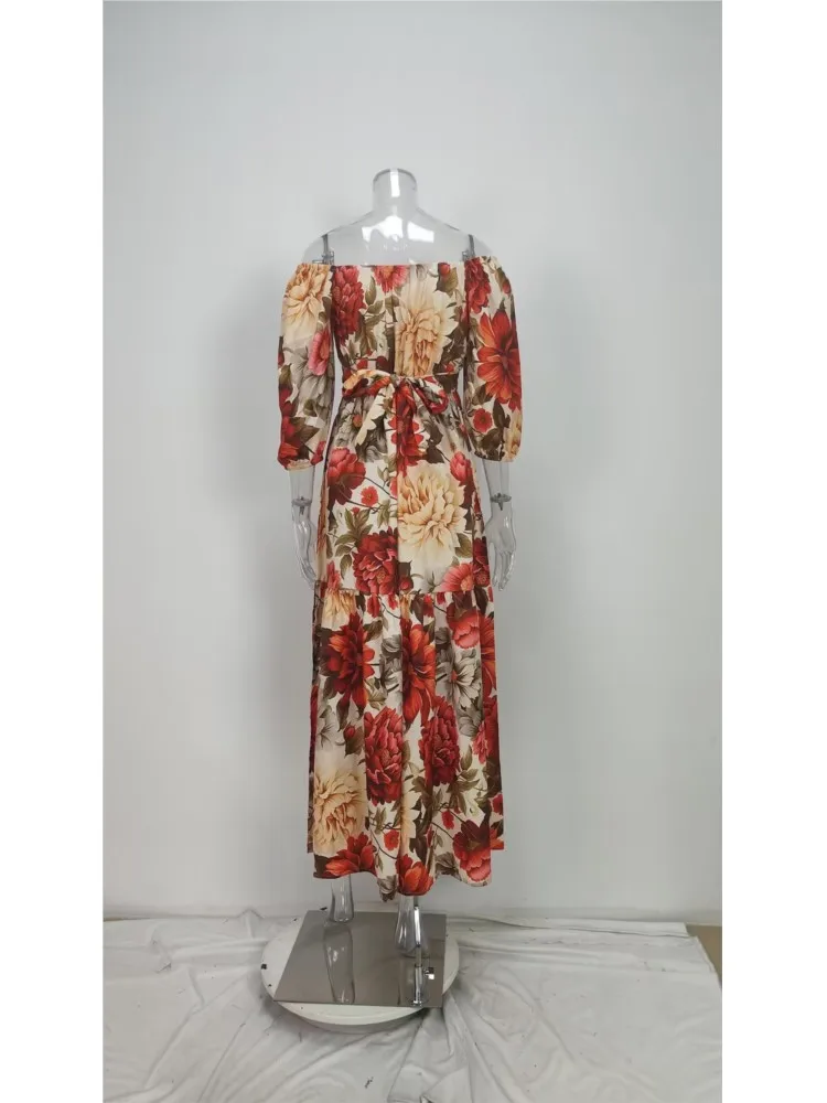 New Casual Women's Dresses Spring And Summer New Elegant And Fashion Printed Lace-up V-neck Big Sway Dress For Women Robe Femme