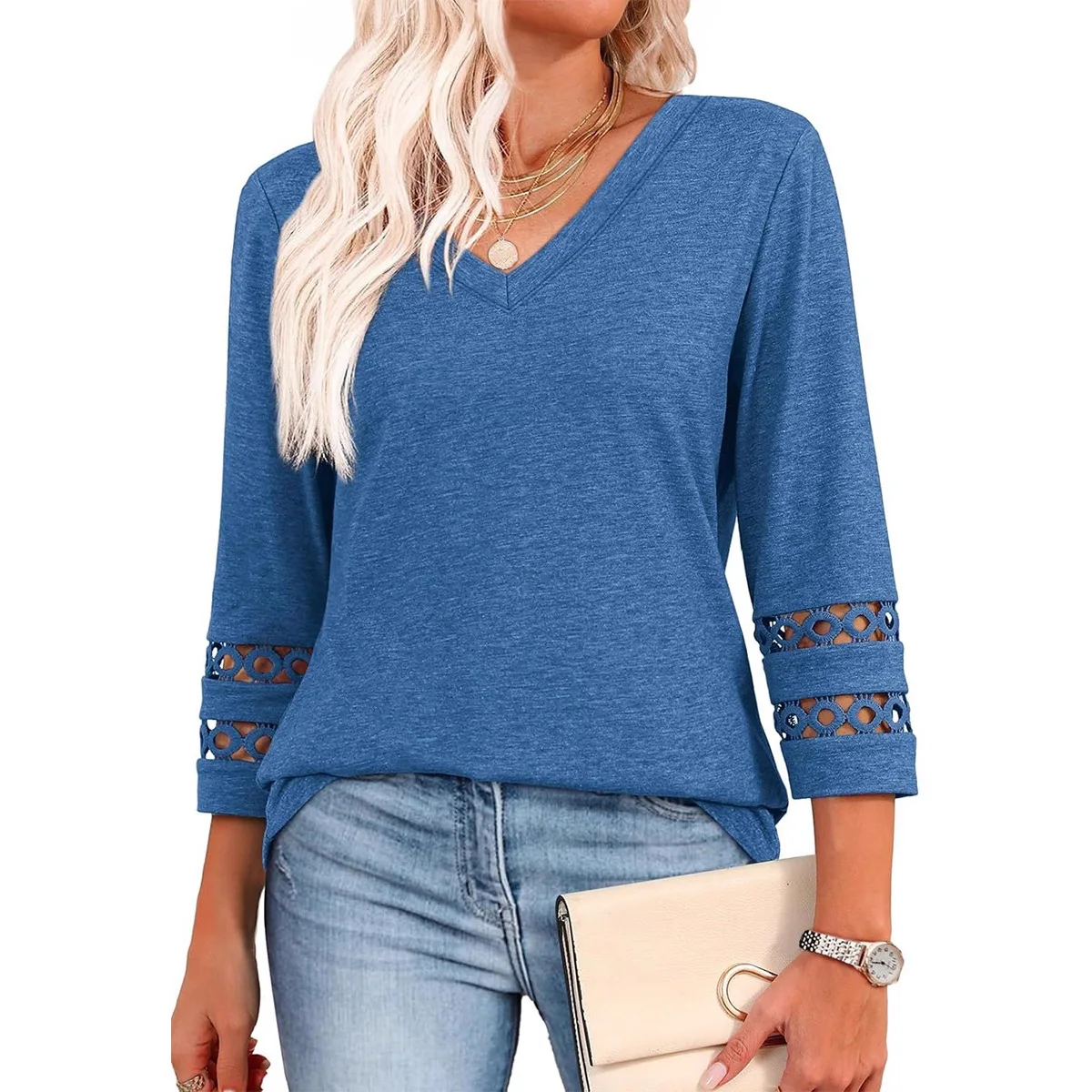 

2025 Roupas Femininas V-neck Solid Color Hollow Stitching Pullover T-shirt Women's Outdoor Commuting Date All-match Knitted Top