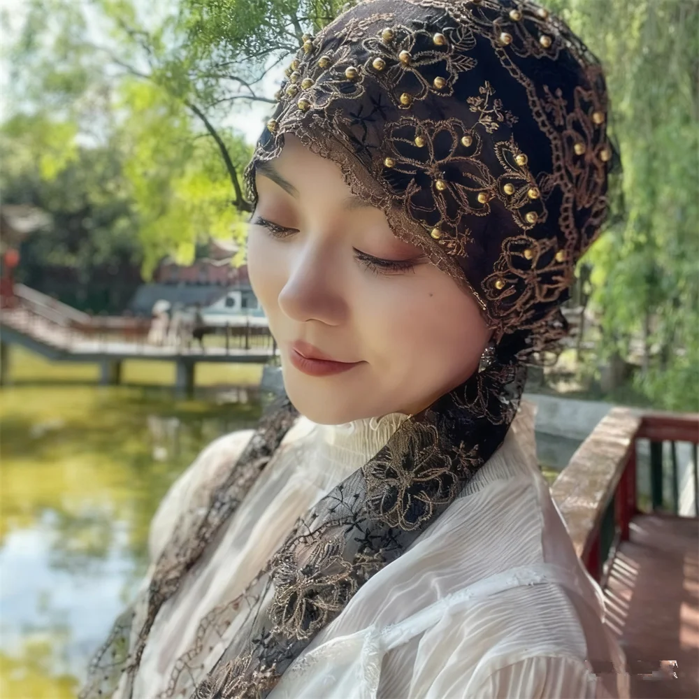 

Ribbons Long Tail Headscarf Beanies Bonnet Muslim Hijab Shawls Headscarves Women Scarves Embroidered Beaded Gauze Hats Party Cap