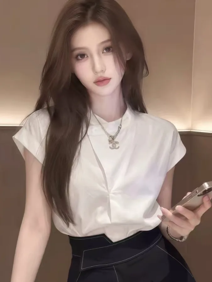 

White Short Sleeve Shirt Women's Summer New Style Asymmetric Korean Loose Fit Beautiful Ladies' Top Quality Fashionable Blouse