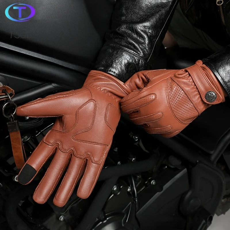 Gants de moto en cuir de mouton véritable, gants de moto vintage, gants noirs chauds, écran tactile, doigt complet, plume, automne