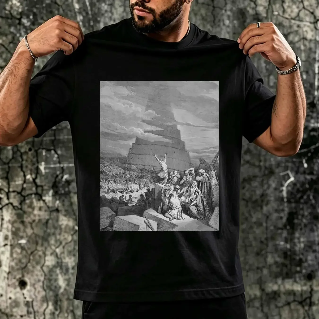 washed T Shirt Confusion of Tongues Gustave Dore Tower Babel The Holy Bible Art for Her Him vintage Washed graphic