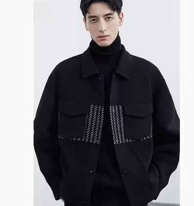 

Мужская двусторонняя шерстяная куртка осенне-зимнего сезона с цветными блоками, модная верхняя одежда для молодежи, приталенный крой, длинный рукав, воротник-стойка