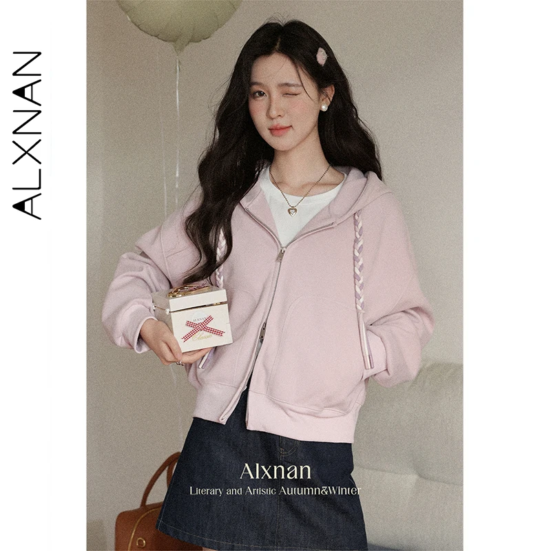 ALXNAN Women's Hoodies Pink Zipper Twisted Drawstring Loose-fit Sweatshirt 2025 Autumn Casual Long Sleeve Coats Female L56811