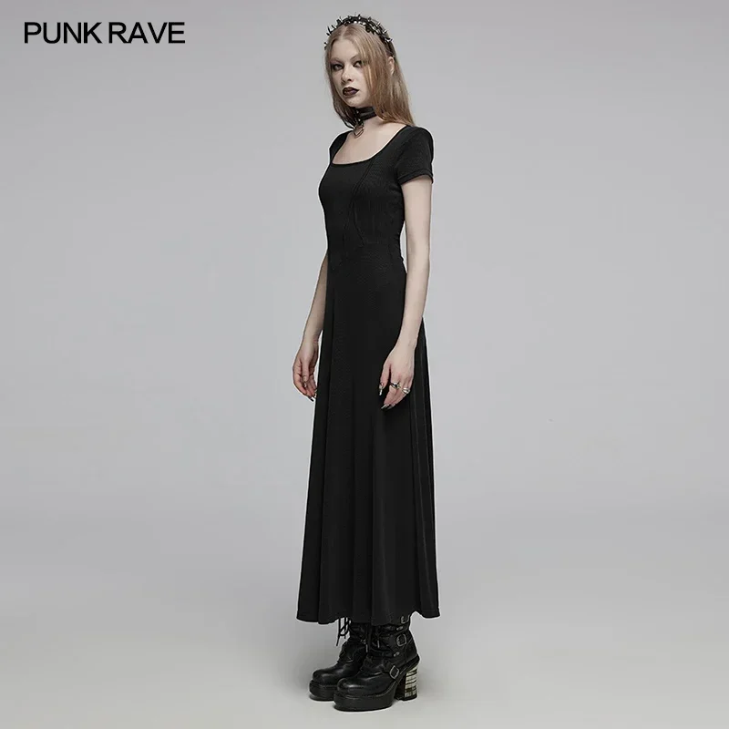 Imagem -02 - Punk Rave-vestido Diário Gótico Feminino Decote Quadrado Manga Curta Linha a Vestido Longo Estrutura Segmentação Casual Preto