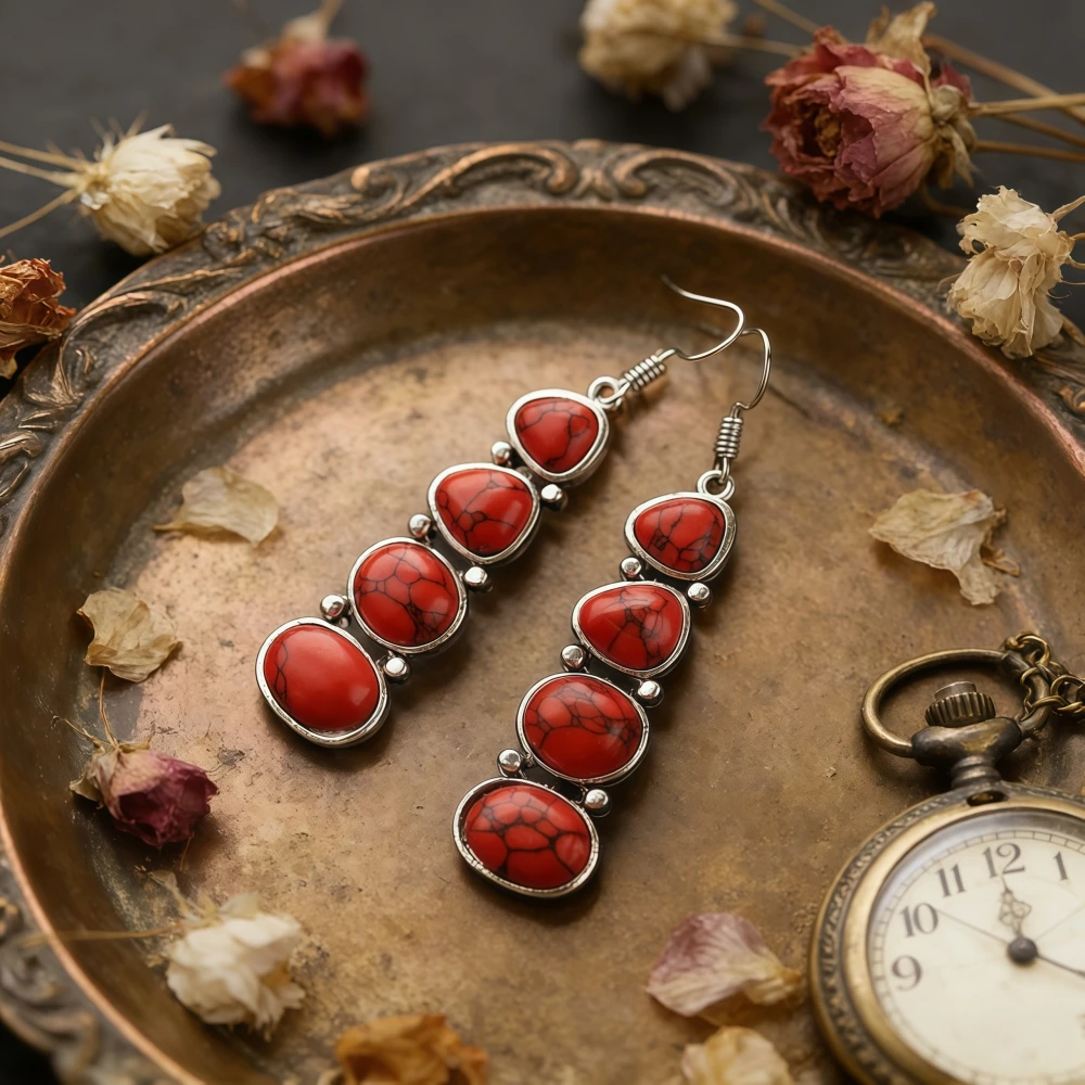 Bohemian natural turquoise earrings are available in three colors: red, green, and black. They are a retro ethnic style, hypoall