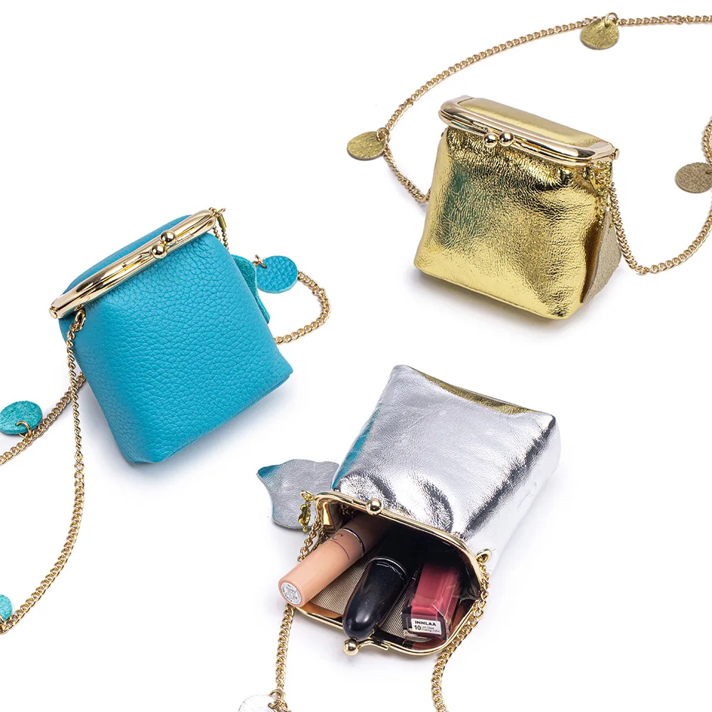Lady Coin Bag Niche Clip Chain Small Bag Top Layer Cowhide Compact Crossbody Coin Purse Multifunctional Lipstick Bag Clutch Bag