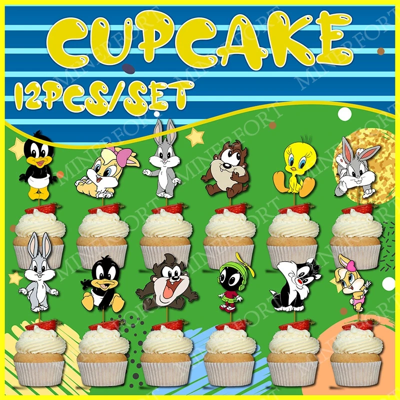 12 Piezas de Decoración para Cupcakes de Looney Tunes con Personajes de Dibujos Animados: Bugs Bunny, Daffy Duck, Tweety, Porky Pig, Lola Bunny para Decorar Pasteles