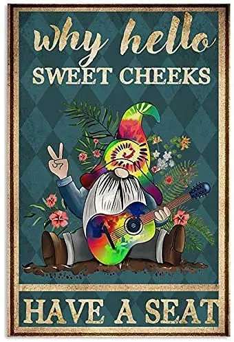Krouterebs Hippie Gnome Why Hello Sweet Cheeks Have A Seat Funny Gift for Him Or Her Home Novelty Retro Parlor Cafe Store Mural