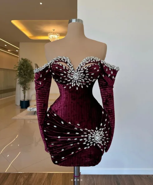 Mini cristais de veludo personalizados, vestidos de baile dubai com manga, gala árabe saudita, vestido de noivado sob medida