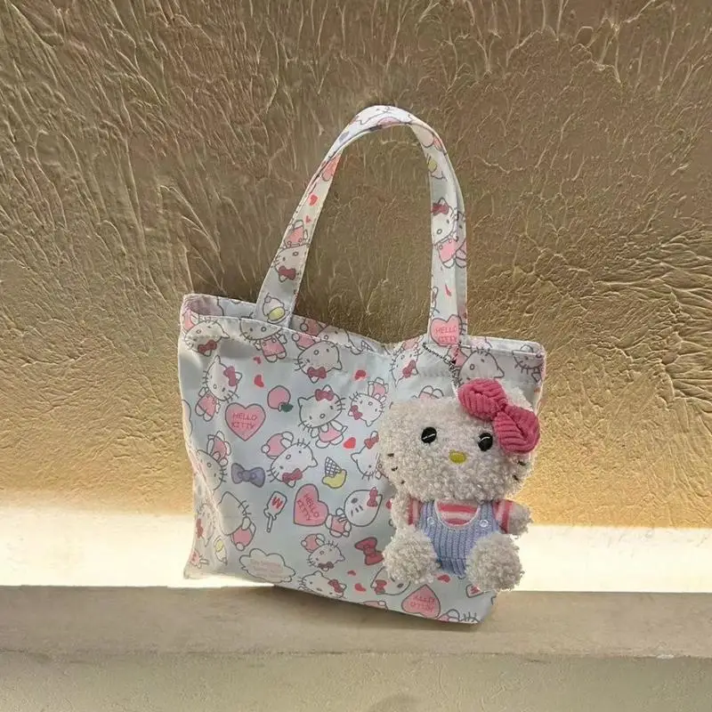 Kawaii Hello Kitty Canvas Bag Anime Cartoon Print Handbag Large Capacity Fashion Versatile Cute Exquisite Girl Square Meal Bag