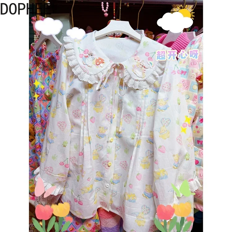 

Оригинальные милые кружевные рубашки ручной работы с воротником Питера Пэна, блузки Лолиты с вышивкой, хлопковые топы принцессы с длинными рукавами и мультяшным принтом