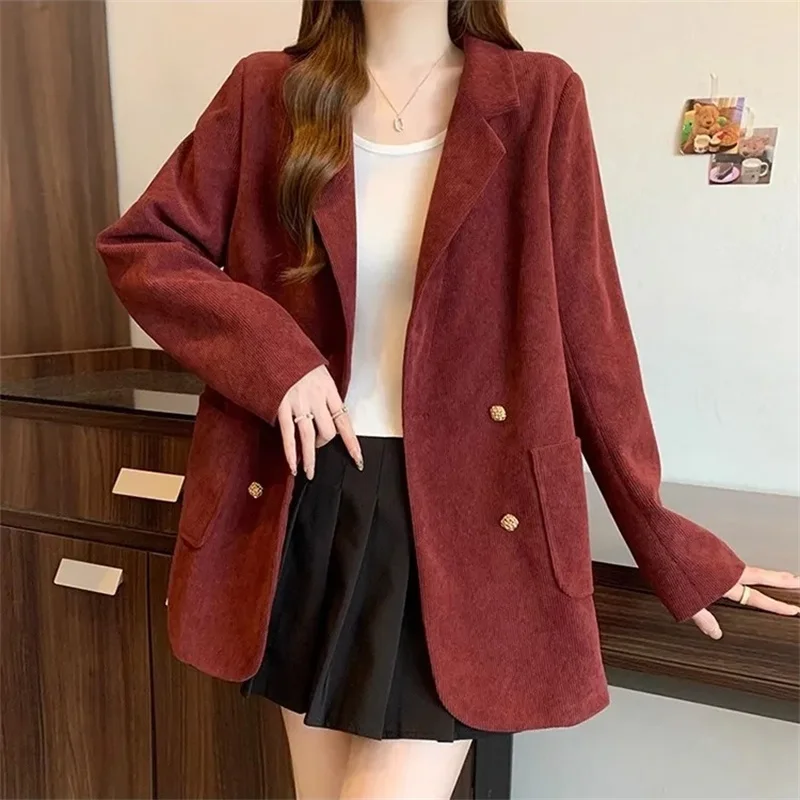 

Korean Femme Long Sleeves Suit Coat 2025 Women Fashion Solid Color Blazer Outwear Spring Autumn Ladies High-end Corduroy Jacket