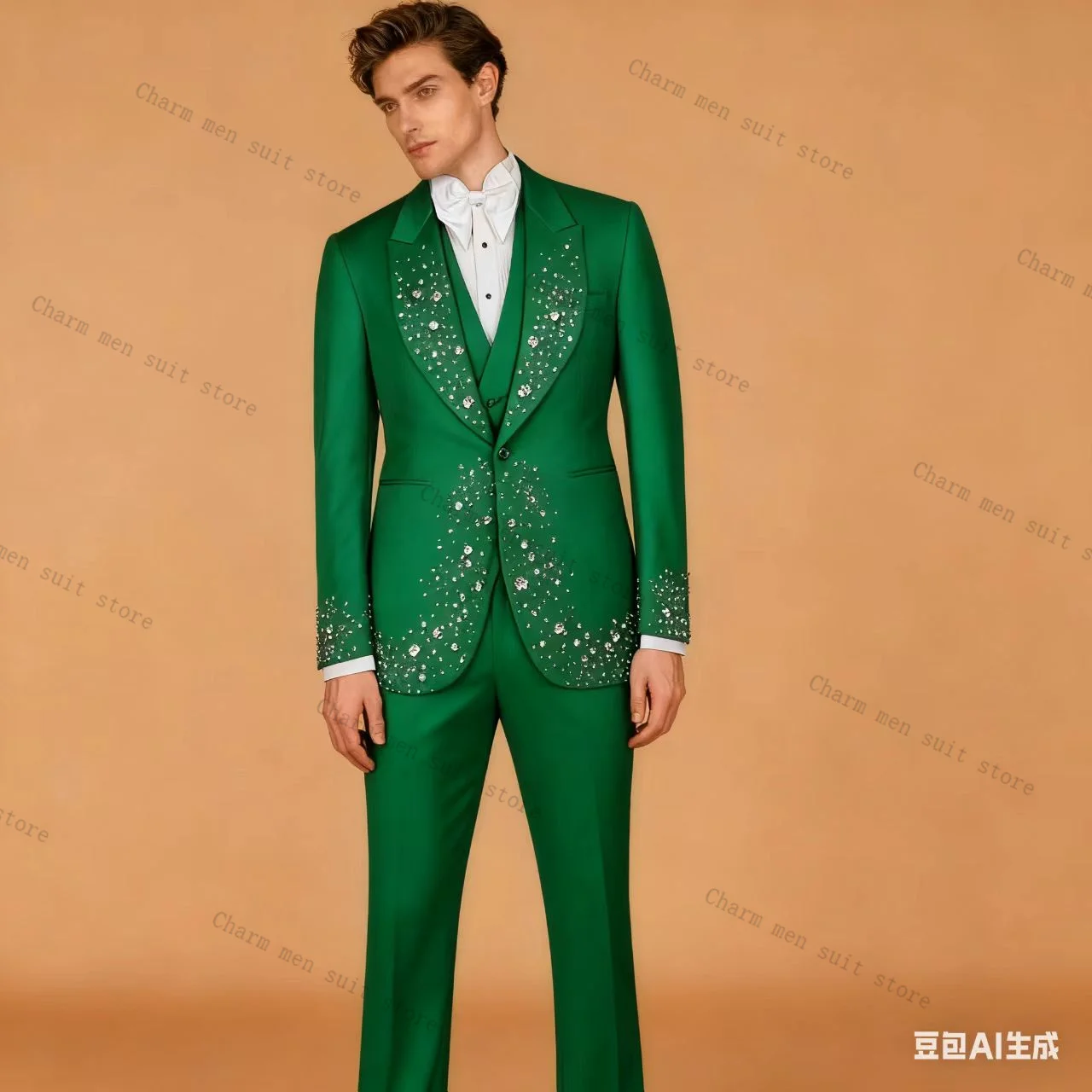 

Luxury Green Men Suits Set 2 Pcs Blazer+Pant Trousers Wedding Tuxedo Shiny Crystals Formal Office Groom Jacket Cotton Coat