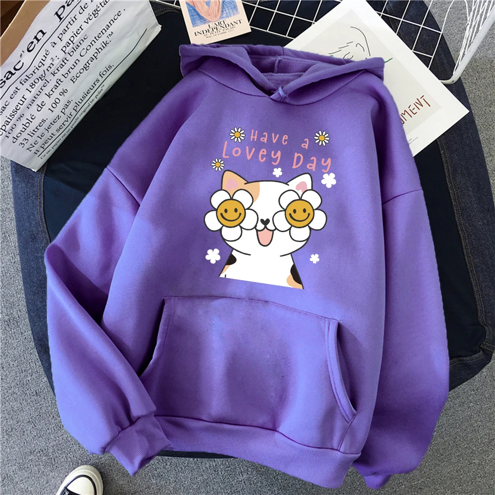 Have A Lovey Day Happy Cartoon Cat Prints Women Hoodie Vintage Autumn Streetwear Soft Comfortable Hoody Fleece Pocket Pullover