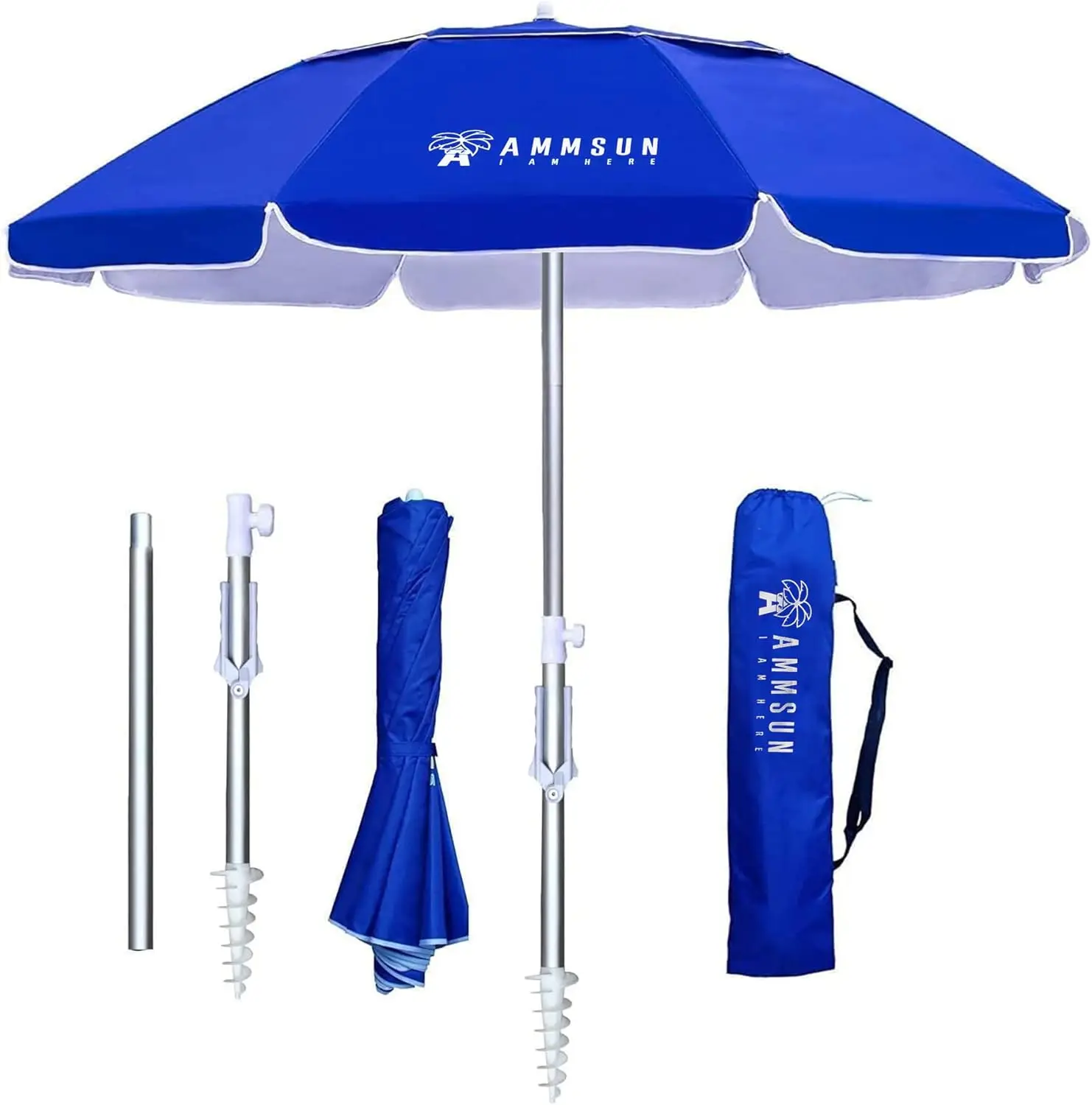 

6.5ft Portable Beach Umbrella with Sand Anchor, Windproof, Push Button Tilt, UPF 50+, Fits Large Suitcase for Patio Garden Pool