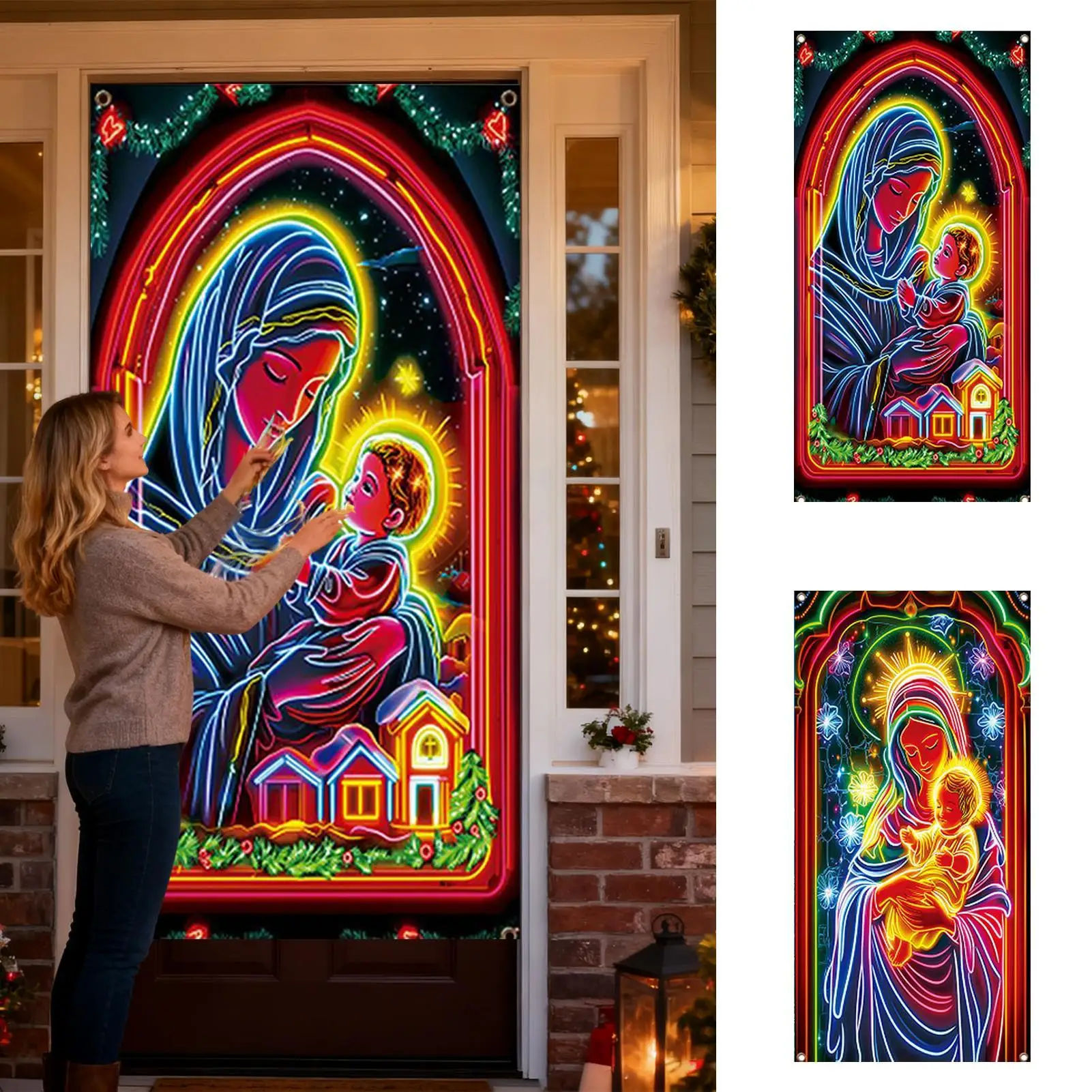 Christmas Front Door Decoration Cover Large Fluorescent Religious Fabric Backdrop Hanger Backdrop Christmas Decoration For