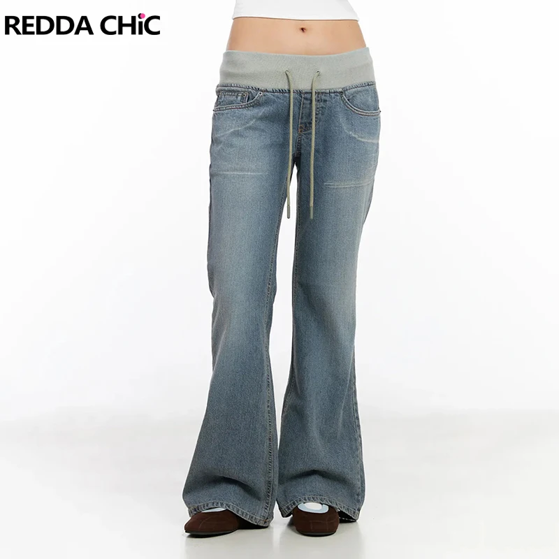 REDDACHiC Denim Binding Bell Bottoms Women Y2K Causal Distressed Whiskers Wide Leg Drawstring Flare Jeans Korea Retro Streetwear
