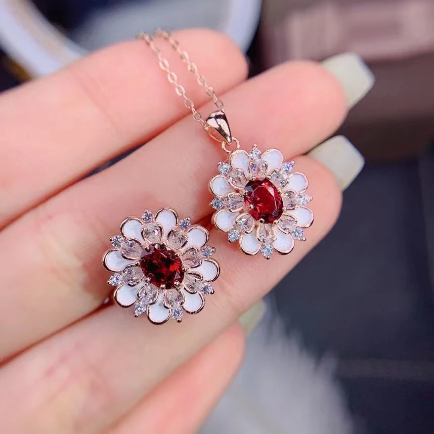 Fine Jewelry 925 Pure Silver Inset With Natural Gem Women's  Exquisite Flower Garnet Set Gift Birthday Party Wedding Engagement