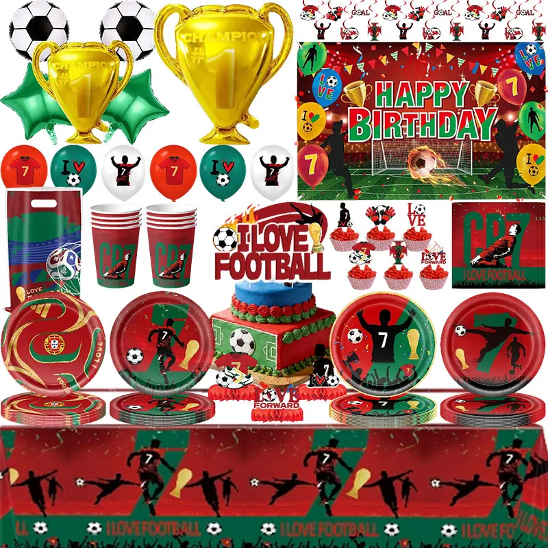 Image of Geburtstagsdekoration CR7 Fußball-Themenparty-Zubehör Geschirr Teller Becher Servietten Tischdecke Fußballstar-Fans Partys Ballon-Set