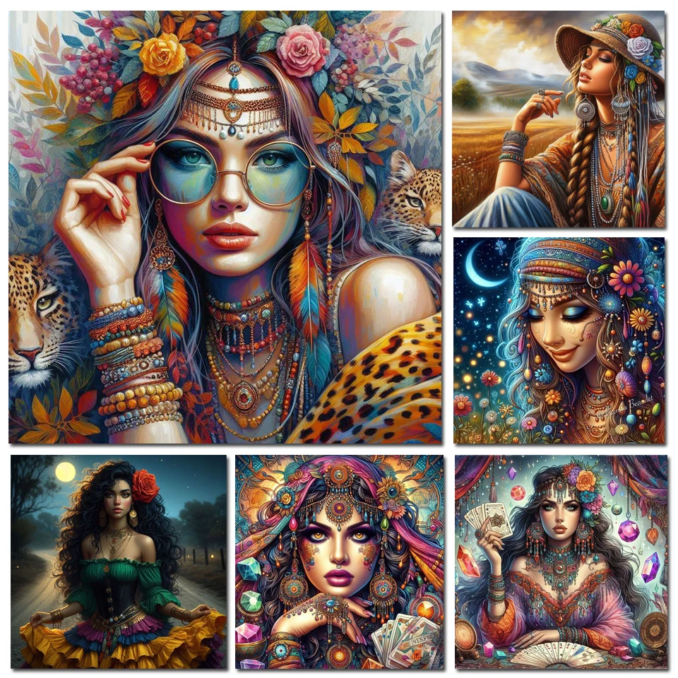 Gypsy pretty Feather Woman diamond painting new 2025 Full Square Round Mosaic Diy Jewelry cross stitch Lady portrait Home decor