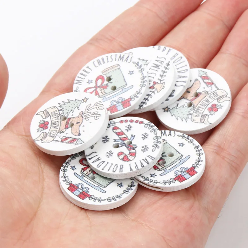 30pcs 25mm Round Mixed Christmas Button Cartoon Sewing Wooden Buttons For Clothing Scrapbooking Crafts Xmas Decorate Card