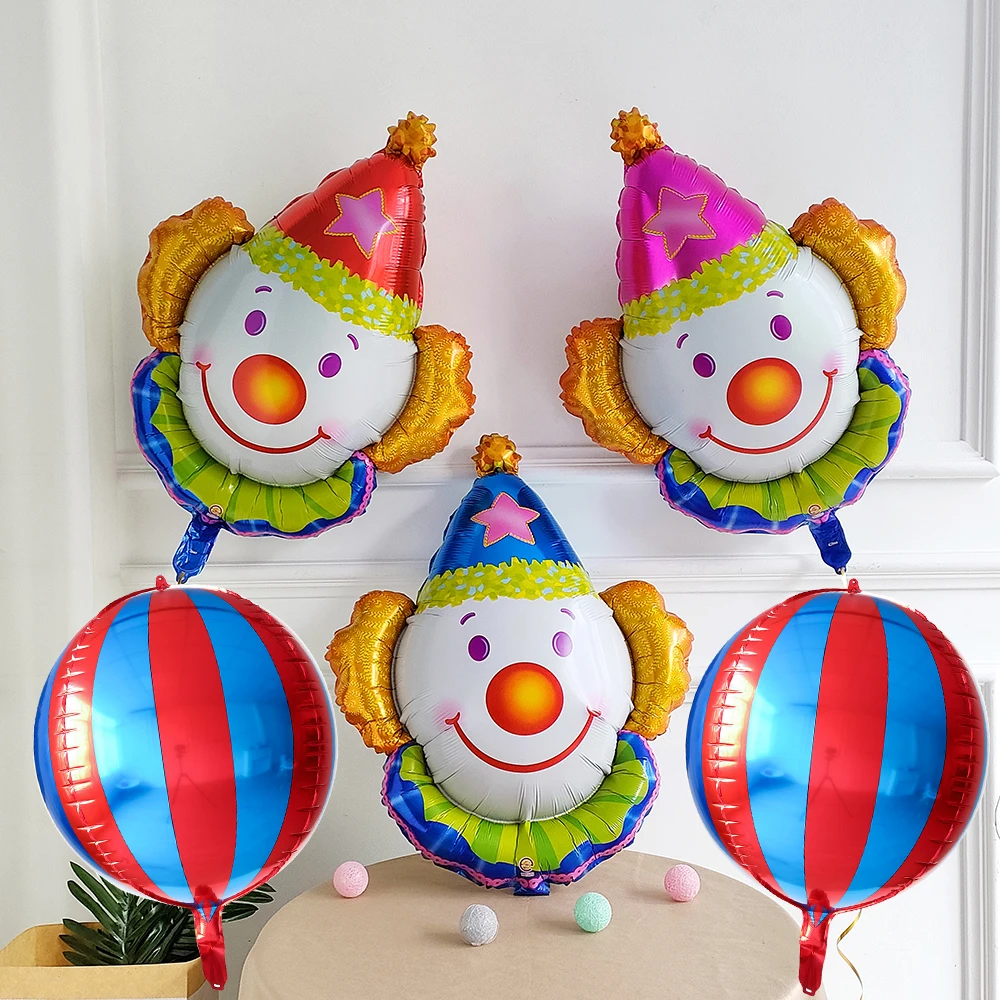 

Mix 5Pcs Clown Balloons Carnival Circus Theme Decorations Happy Birthday Party Decoration 4D Red Blue Stripe Foil Helium Balloon