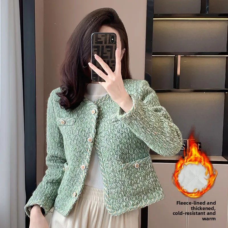een Tweed Cotton Lined ort Women's Jaet Faionable Small Size Winter Outerwear round Ne Button up Loose Fit Coat