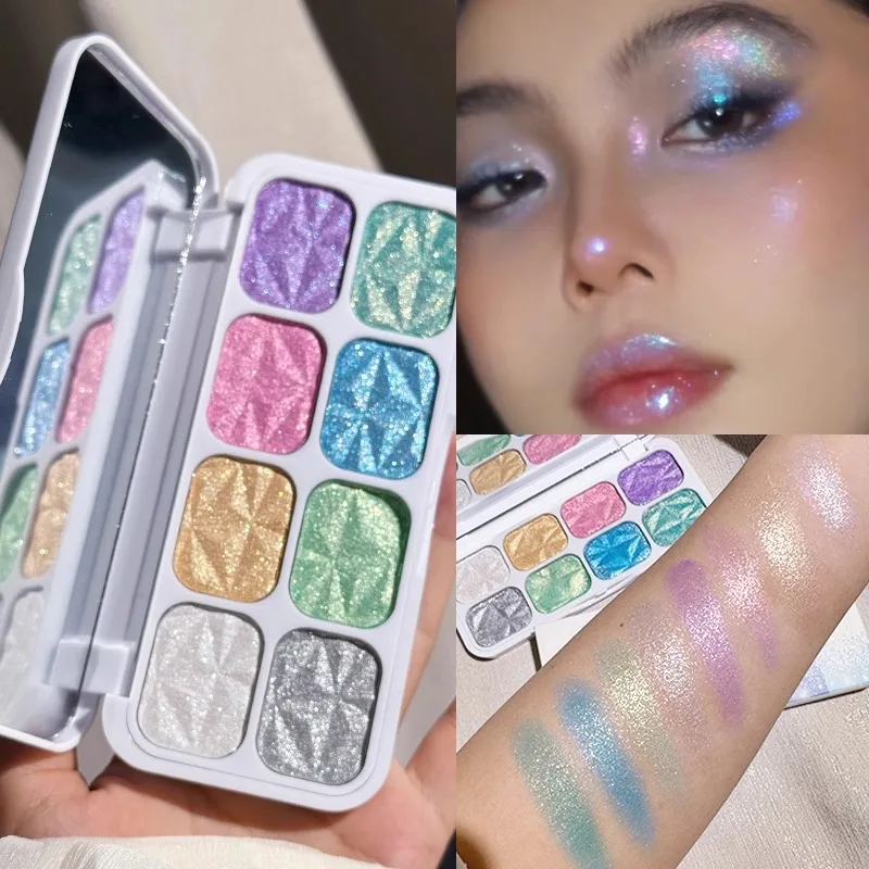 8 Colors Diamond Highlight Eye Shadow Plate Shimmer Glitter Eyeshadow Palette Waterproof Long-Lasting Sparkling Halloween Makeup