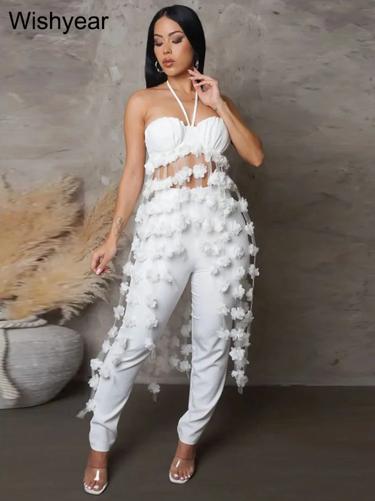 New In Pencil Pants And Wer Tassel Halter Crop Top Two Pieces Women Birthday Outfits White Sexy Party Nightclub Matching Sets