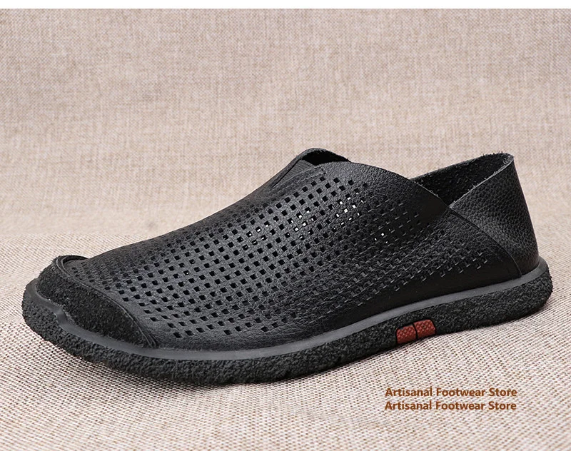 Hollow Out Slip-On Loafers Round Toe Black Leather Shoes for Men Soft Leather Soft Sole Casual Shoes Trendy Handmade Men's Shoes