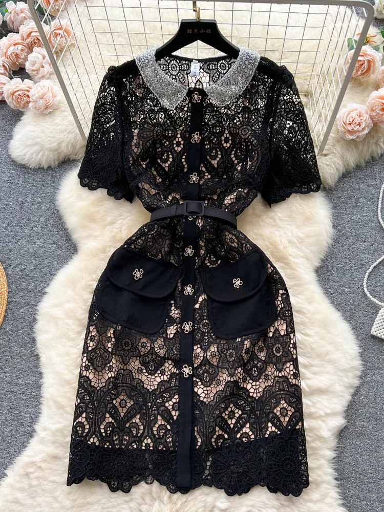 New Summer Hollow Out Crochet Black Lace Dress For Women Party Mini Vestidos De Fiesta Runway Designer Embroidery Robes Femme