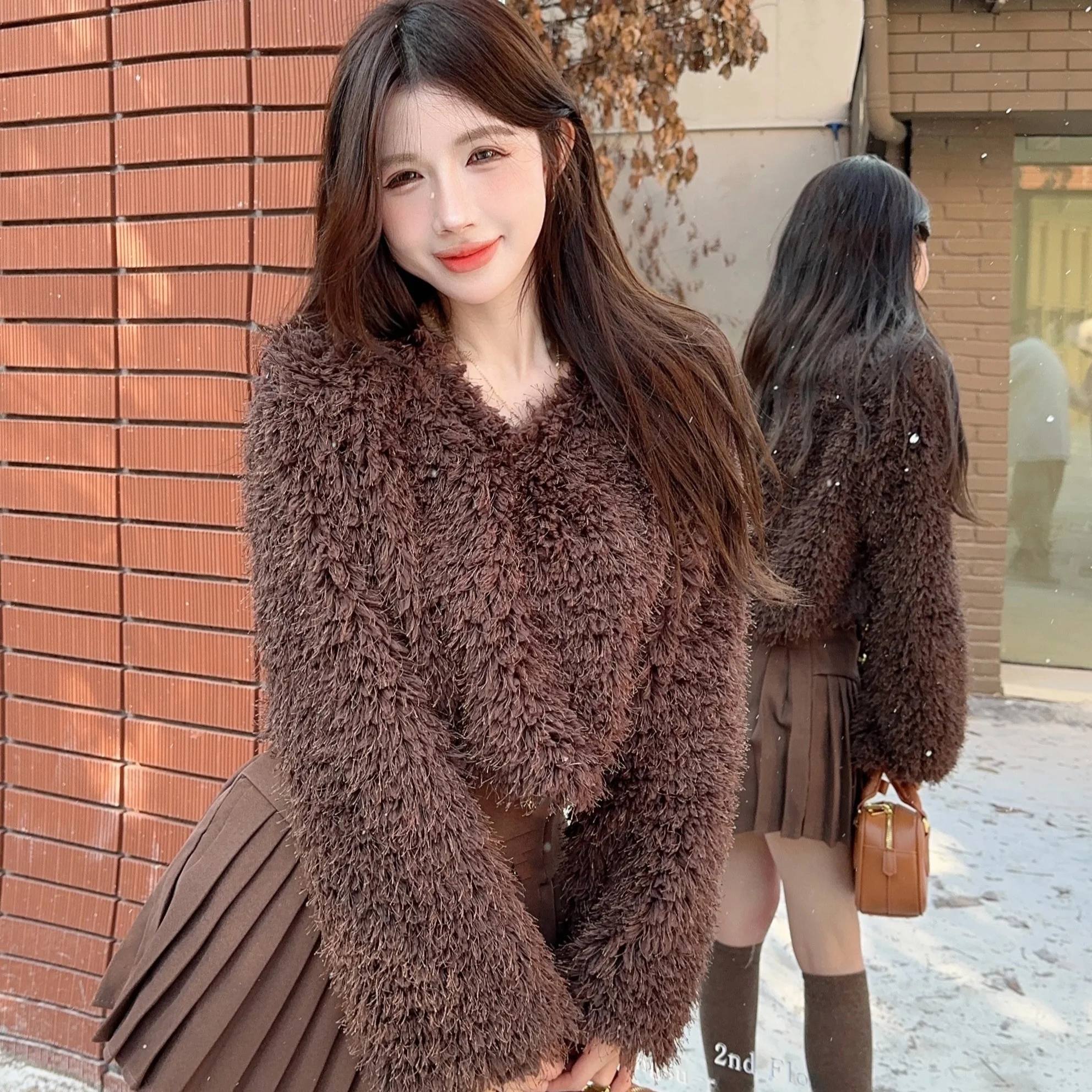 

Корейский пуловер с v-образным вырезом и мехом ягненка Lazy Faion, свободный свитер, осенне-зимний женский цветной топ