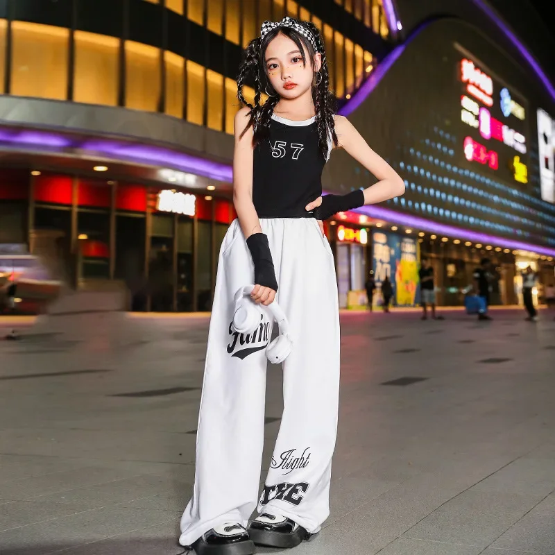 Girls Hip Hop Street Dance Costume Black Vest Tops White Loose Pants Teenagers Kids Hip Hop Performance Clothes Fashion Suit