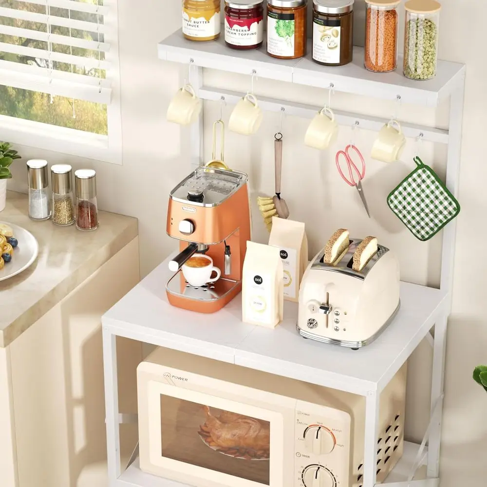 Carrello portaoggetti da cucina bianco a 4 livelli con caffettiera e 8 ganci, ripiani regolabili per elettrodomestici