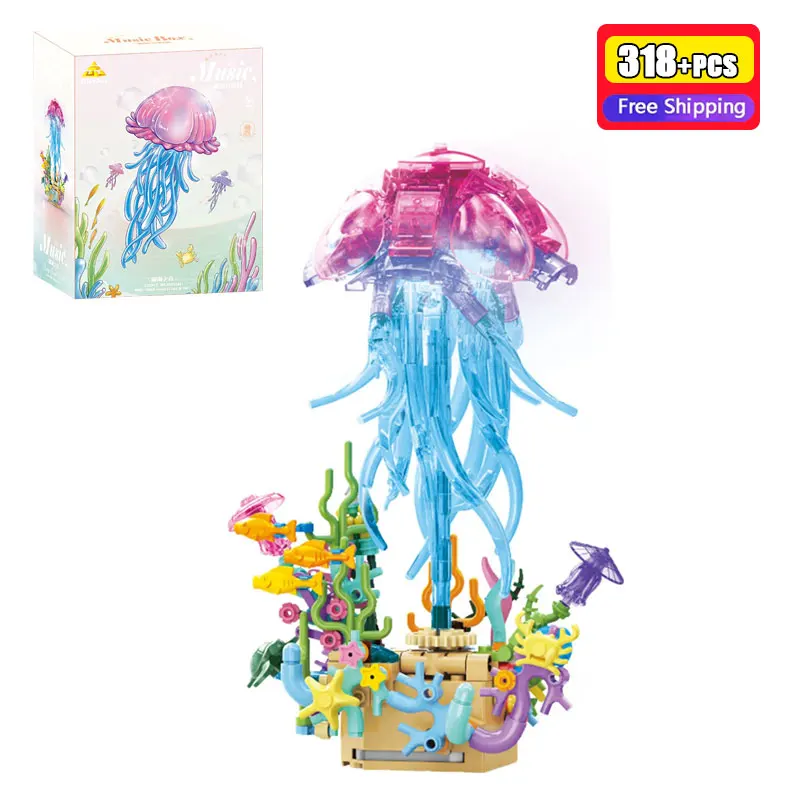 

318PCS Jellyfish with Lights Music Box Marine Animal Model Small Particle Building Blocks DIY Ocean Themed Decor Gift Set