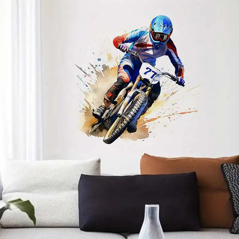 Motocross Watercolor Dirt Bike Rider Wall Stickers Living Room Sofa Background For Home Decor Boy Room Art Decals Sticker M1495